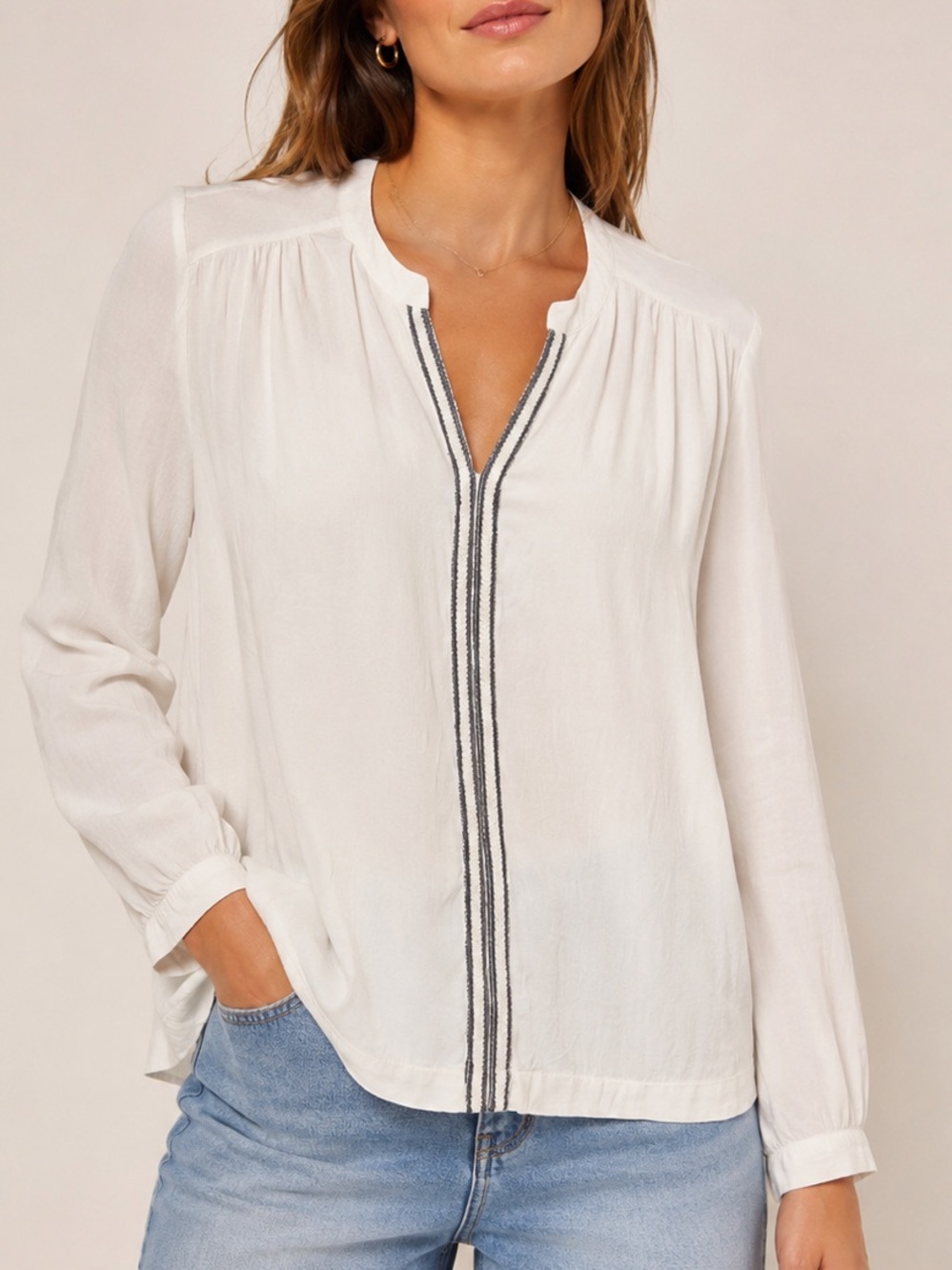 Saint Tropez White Viscose Boho Blouse Large NWOT Lightweight European Chic